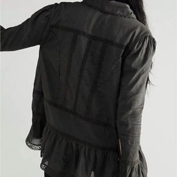 Free People Selma Bed Jacket Tiered Lace Trim Ruffled Cuffs Washed Black - Picture 3 of 5